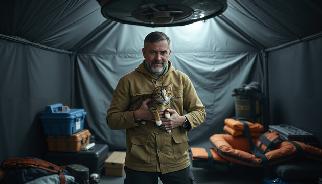 Mature man holding a cat while standing inside a tent at night  