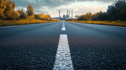 Minimalist industrial landscape with an empty asphalt road leading to a modern factory in the distance, soft lighting and perspective depth, ample copy space.