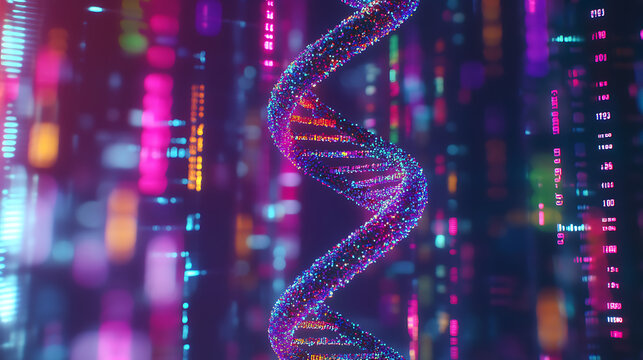 Digital Artwork of a Colorful DNA Helix Amidst a Futuristic Data Stream