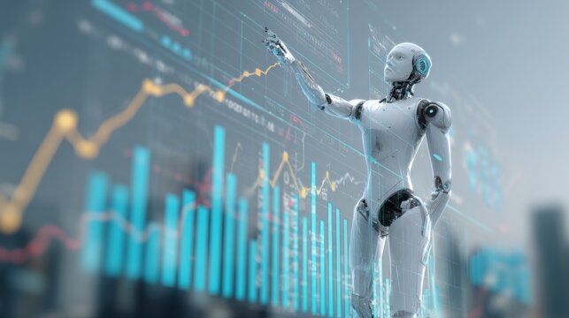 Advanced robot analyzing financial data in futuristic setting