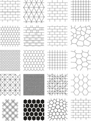 Cobblestone texture. Pavement bricks and pebble vintage decorative graphic, stone sidewalk paving plan, garden patio black path. Vector isolated set
