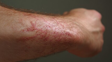 Close-up of healing scar on caucasian male adult arm with redness and texture