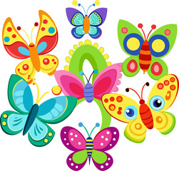 Cartoon butterflies forming letters of the alphabet, colourful vector with white background.