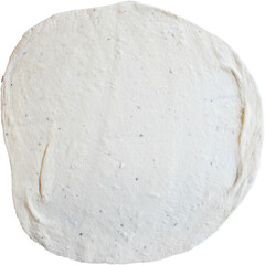 A round, uncooked pizza dough ready for toppings and baking.