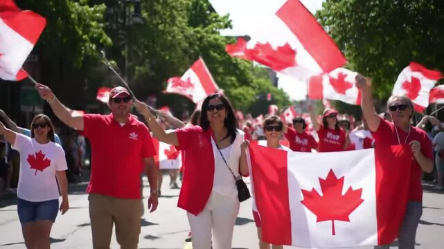 People celebrating canada day with flags and wearing red and white on a sunny day parade event