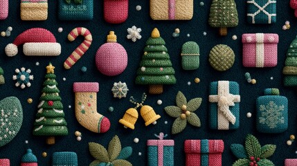 Colorful knitted christmas symbols pattern with trees, gifts, and decor
