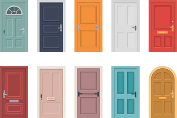 Open and closed door collection. Cartoon entrance and exit doors with handles and frames, home exterior architecture concept. Vector set
