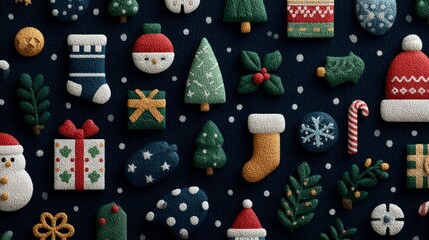 Festive christmas embroidery pattern with trees, gifts, and ornaments on dark background