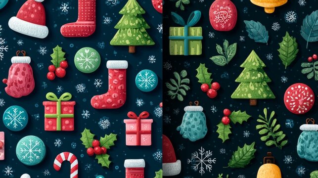 Festive christmas seamless pattern with gifts and trees decorated on dark background