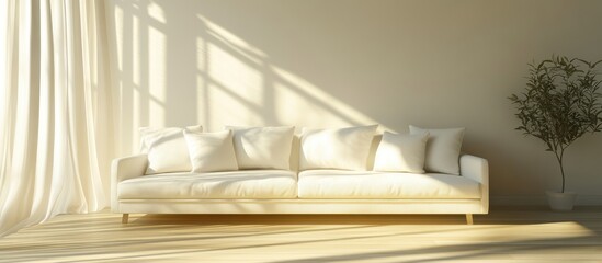 Minimalist interior with white sofa, curtains and light creating calming atmosphere