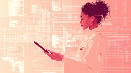 Flat illustration of a doctor using a tablet with digital medical records. Minimalist design with soft colors and digital icons highlighting medical technology.