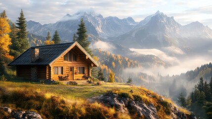 Cozy Log Cabin Perched Atop a Hillside Overlooking Misty Mountain Valley