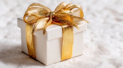 Elegant luxury holiday gift box with golden ribbon set on a soft cream textured background. Perfect for premium seasonal promotions, festive branding, or upscale product visuals.
