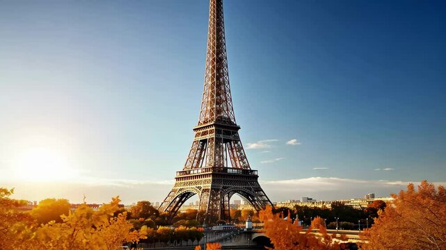 Discover the beauty of the Eiffel Tower surrounded by vibrant autumn leaves in Paris, France, as the warm sunlight casts a golden glow over this iconic landmark