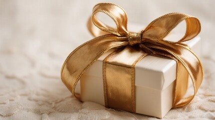 Elegant luxury holiday gift box with golden ribbon set on a soft cream textured background. Perfect for premium seasonal promotions, festive branding, or upscale product visuals.
