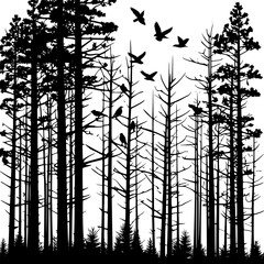 “A silhouetted vector of a dense pine forest with birds perched on branches, sharp shapes on white background.”