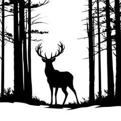 A silhouetted vector of a stag deer standing gracefully in misty woods, sharp shapes and minimal design.”