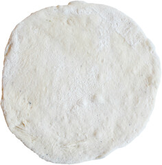 A round, uncooked pizza dough ready for toppings and baking.