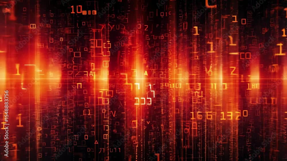 Poster abstract representation of encrypted codes and data flowing in a vibrant red and black environment, 