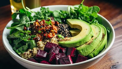 Fresh vegan Buddha bowl with quinoa, mixed greens, and avocado enjoyed in a cozy setting during a sunny afternoon