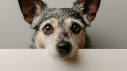 Curious dog with big ears and brown eyes looking over white surface