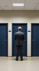 Fototapeta premium A businessman is at an impasse: three identical doors as a symbol of the illusion of choice, the lack of career growth, and the inability to move forward on the career ladder.