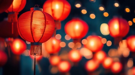 Illuminated Red Lanterns with Bokeh Effect, Celebrating Culture and Festive Atmosphere