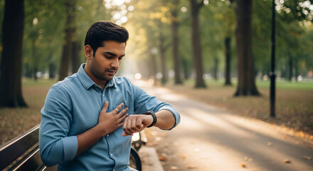 A Indian young Man checking his pulse with a smartwatch in a park