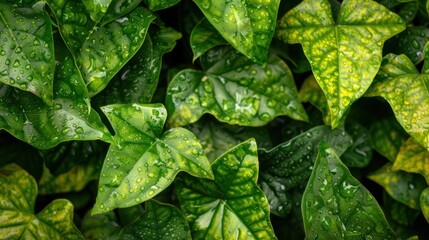 Green leaves with water drops background