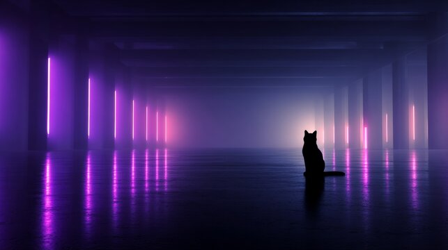 Solitary cat in neon lit warehouse with mystical purple and pink glow