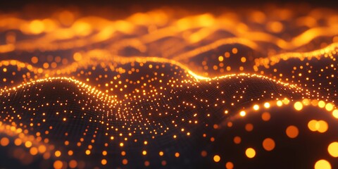 Minimalist design with glowing orange and yellow nodes, smooth depth of field effect, dark sunset gradient background, featuring cinematic warm tones for a sleek, professional look.