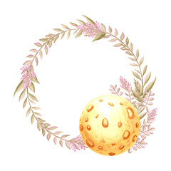 Moon with wild flowers twigs watercolor illustration. Spring round frame with full moon phase. Template postcard with copy space. Blossom plant wreath of spring. Botanical floral celestial background.