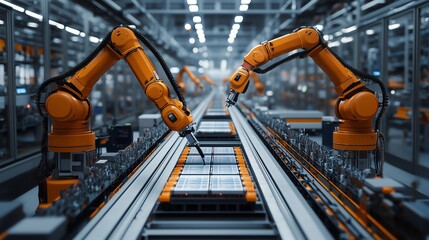 High-tech EV factory production line with robotic arms handling battery modules, modern manufacturing facility in a spacious, clean composition