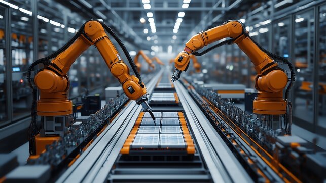 High-tech EV factory production line with robotic arms handling battery modules, modern manufacturing facility in a spacious, clean composition - Powered by Adobe