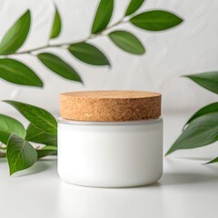 Minimalist White Cosmetic Jar with Wooden Lid and Leaves