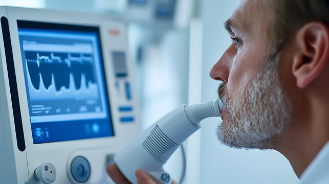 Man undergoing pulmonary function test using a spirometer