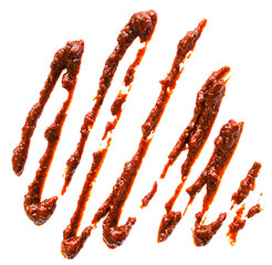 A textured red sauce spread artistically across a white background.
