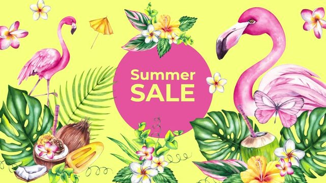 Summer Sale format animated video. Summer video for online store, social networks. Flamingos and tropical plants shimmer on a yellow background with the inscription