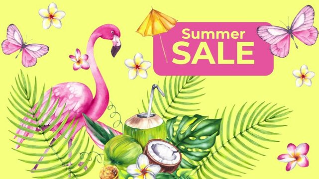 Summer Sale format animated video. Summer video for online store, social networks. Flamingos and tropical plants shimmer on a yellow background with the inscription