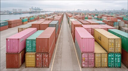Fototapeta premium Vast shipping container yard with rows of multicolored containers