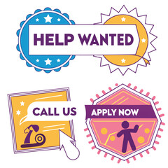 Four colorful help wanted badges or labels