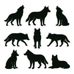 A collection of stylized wolf silhouettes in various poses, showcasing different stances and perspectives.