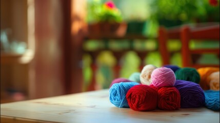 Colorful yarn balls arranged on a wooden table.
