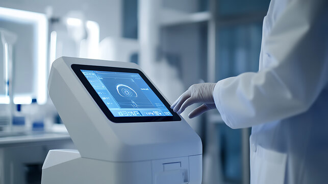 Scientist interacting with a digital touchscreen device in a laboratory setting