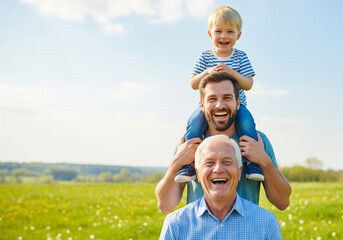 Three generations of joyful males – grandfather, father, and son – laughing together in a sunny green field with the boy playfully on his father's shoulders. Father's Day