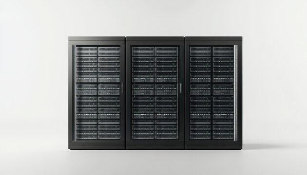 Server racks, modular, and modern.  Triple server cabinet with glass panels