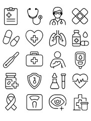 Medical icons set: doctor, pills, stethoscope, heart, bandage, thermometer, first-aid kit, blood test, medicine bottle, health shield, lab test, heartbeat, awareness ribbon, weight scale, eye exam.