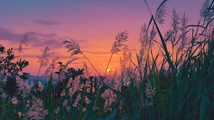 Fototapeta premium Serene sunset with silhouetted grass and stunning colors