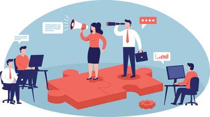 Team Collaboration and Strategic Communication: Business Partners Working Together for Success flat vector illustration