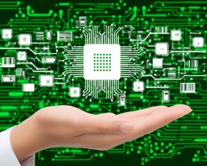 Hand holding digital circuit with central processor on green background